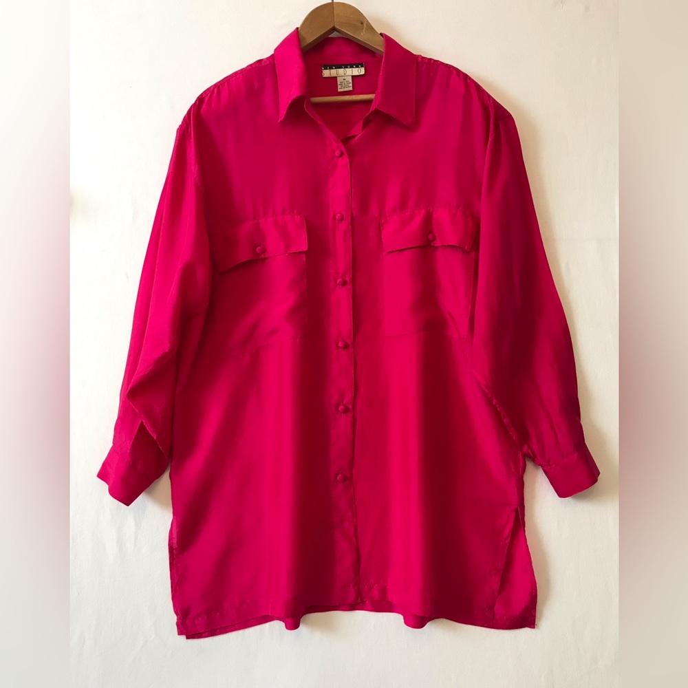 Vintage 100% Silk Button Up Tunic Length Blouse Hot Pink Oversized Long Sleeve
